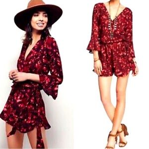 Floral Red Romper with Bell Sleeves